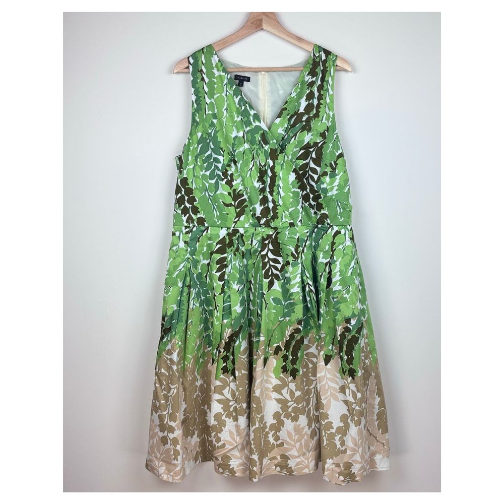 🌿 Talbots+ Leaf Print Fit & Flare Dress | Size 16 | Green & Tan